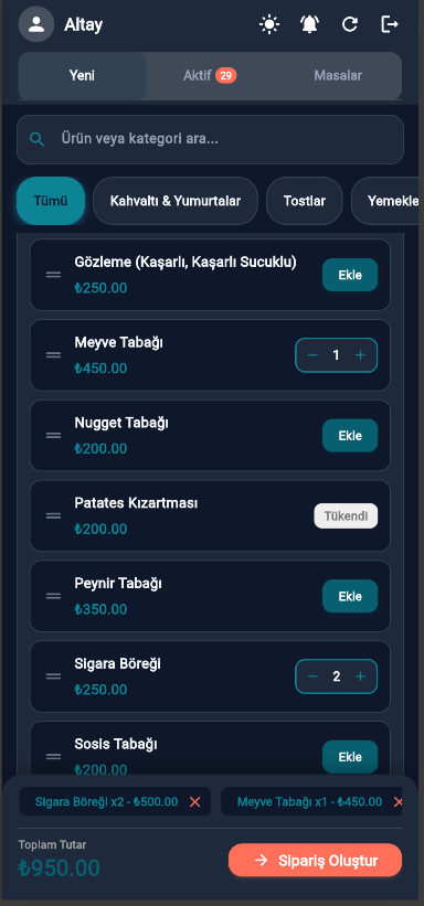 Mobil Garson Uygulaması Görünümü
